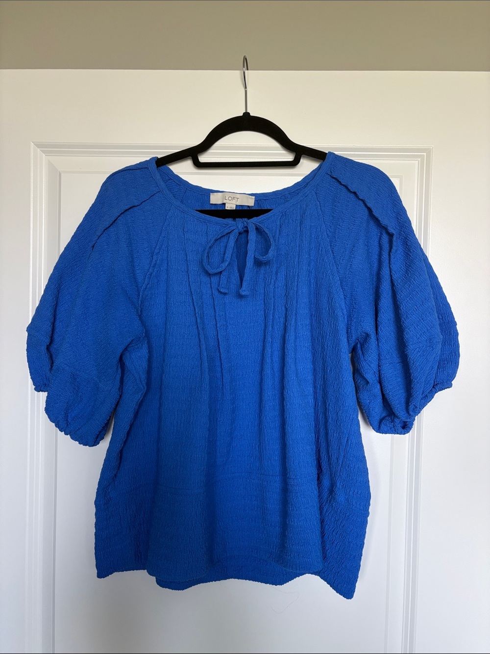 LOFT Bright Cobalt Blue Tie-Neck Puff Sleeve Blouse